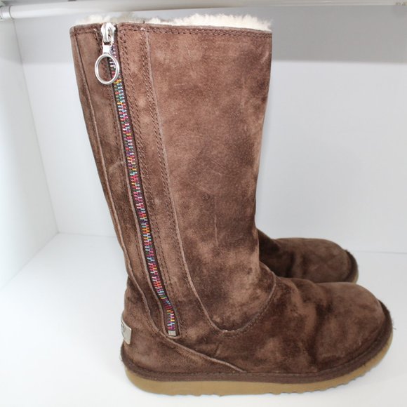 UGG Boots Big Kids Tall Brown Hayden Sheepskin Lining Rainbow Zipper ~5~ 5654 - Picture 2 of 15